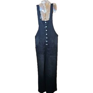 Womens Large Black Button Denim Wide Leg Overalls New